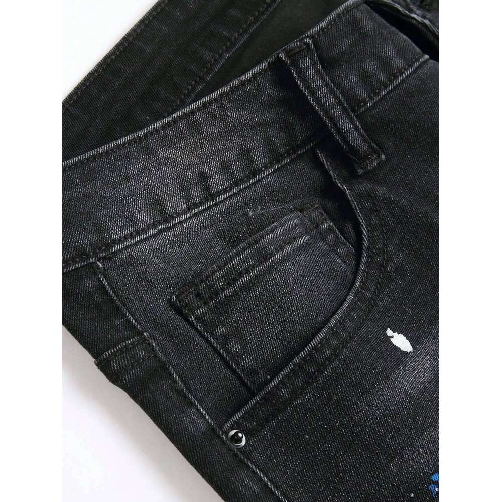 y2k Stretchy Skinny Jeans For Men Casual pants Ripped Patchwork Hole Slim Fit Denim Hip Hop Black Straight Trousers 26Y0312