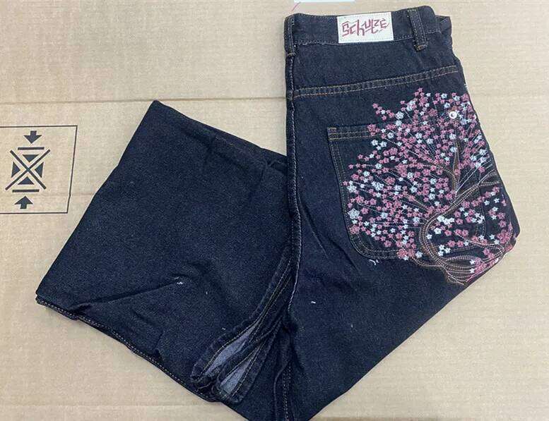 Vintage Low Waist Hip Hop Cherry Blossom Wide Leg Trousers Y2K Clothes Mens Womes Embroidered Baggy Jeans 26Y0312