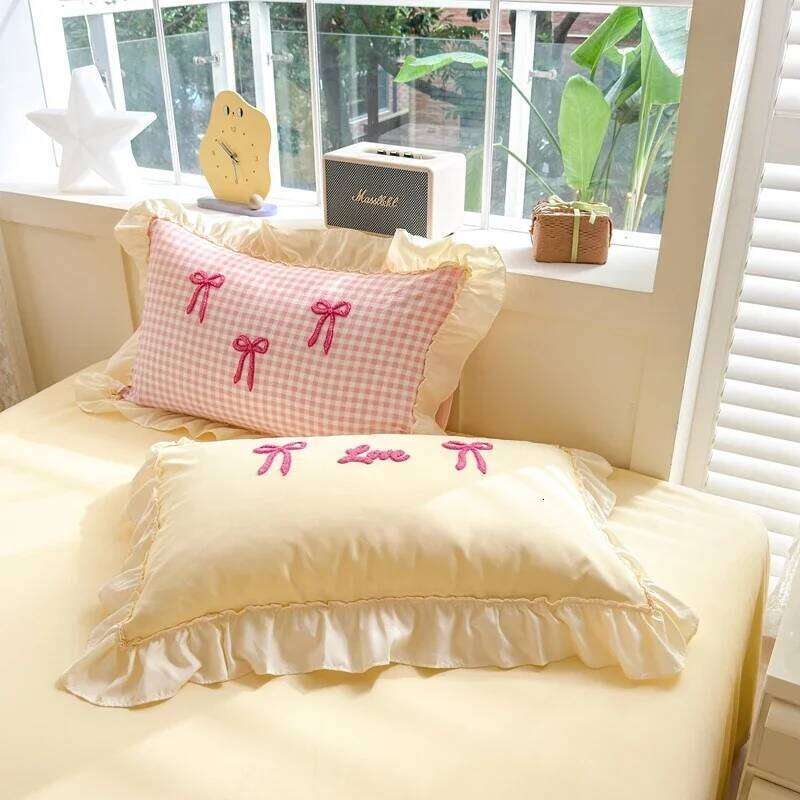 Classic Plaid Duvet Soft Lace Bedding Set, Bow Design Skin-friendly Quilt Cover, 2 Pillowcases with Different Patterns H260312