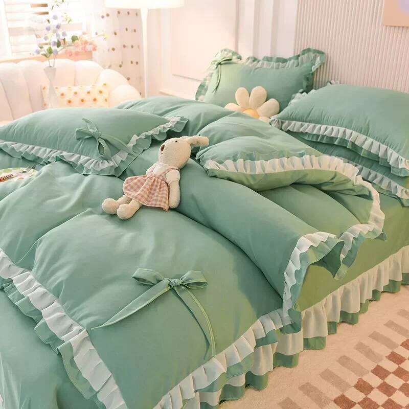 Girls Bedding Sets Kawaii Seersucker Bed Sheet Pillowcase Fashion Princess Duvet Cover Solid Color 4 Pieces Cute Home Decoration H260312