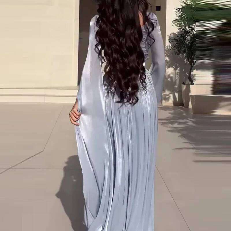 Elegant Slant Shoulder Draped Gowns Casual Split Sleeve Solid Party Women Fashion Hight Waist Slim Long Dress C260311