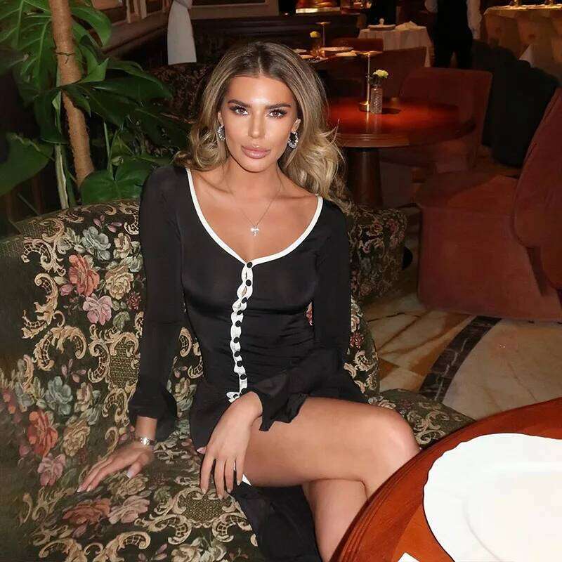 Women's Bodycon Long Streetwear Fashion Split Irregular Ruffle Hem Dresses Female Sexy Single Breasted Deep V-Neck Dress C260312
