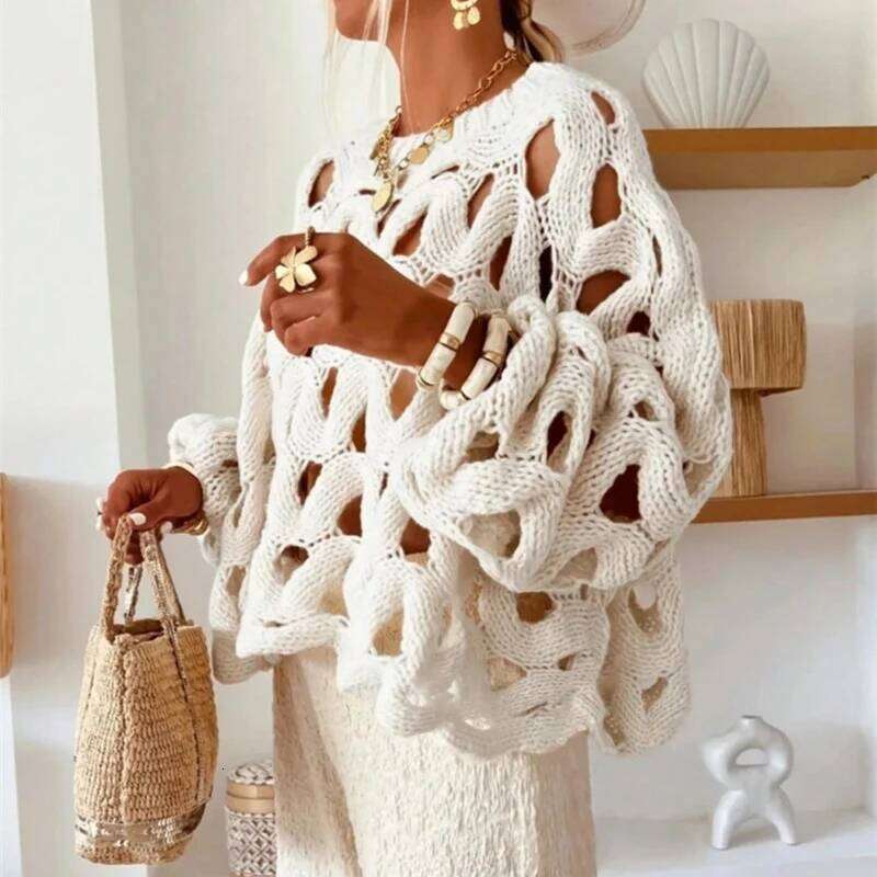 Sexy Hollow Out Long Sleeved Knitted Sweater Summer Beach O Neck Crochet Pullover Casual Solid Color Women S Loose Top Blouses MAKOUFEI