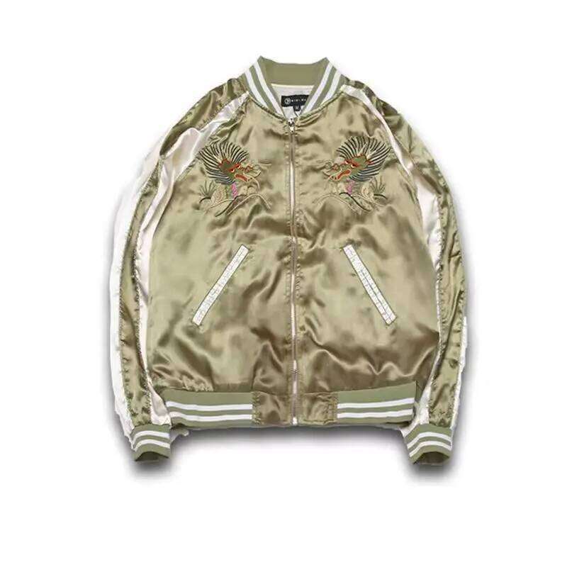 New Chinese Style Dragon Embroidery Satin Bomber Jacket Harajuku Couples Zipper Faux Silk Baseball Coat Contrast Color Outwear Tops