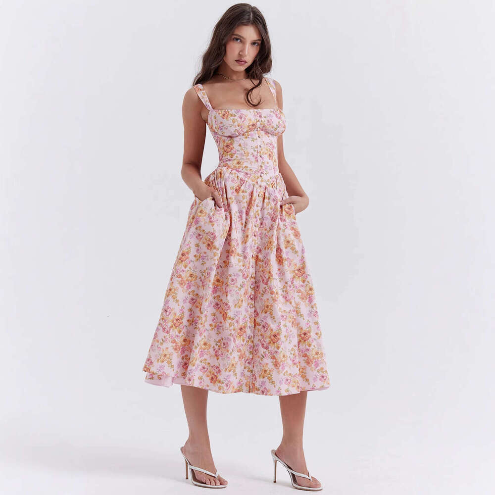 2026 Summer Camisole Dress with Front Buttons, Back Tie, Waist-Cinching, Lace Trim Above the Bust, European and American Cross-Border Supply