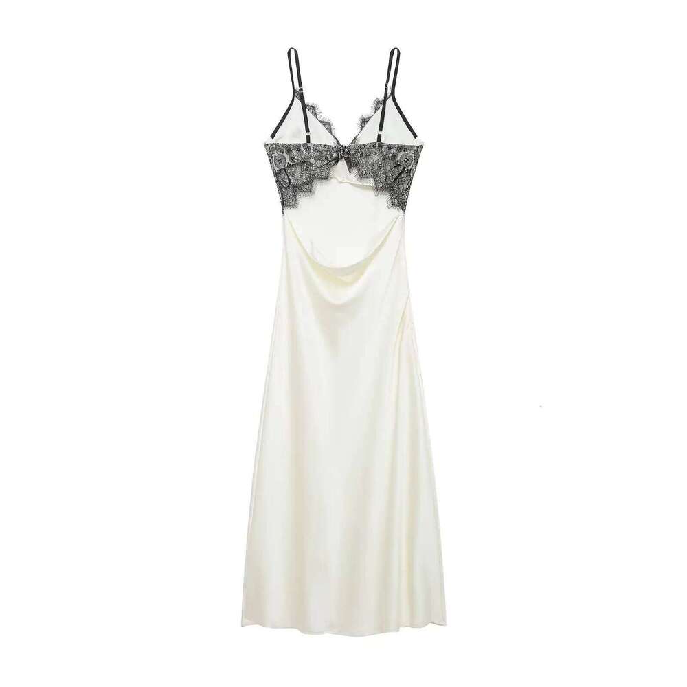 Sexy Women V-neck Satin Sling Long Dress Chic Lace Splice Sleeveless Backless Slim Gowns Summer Elegant Party Dresses C260312