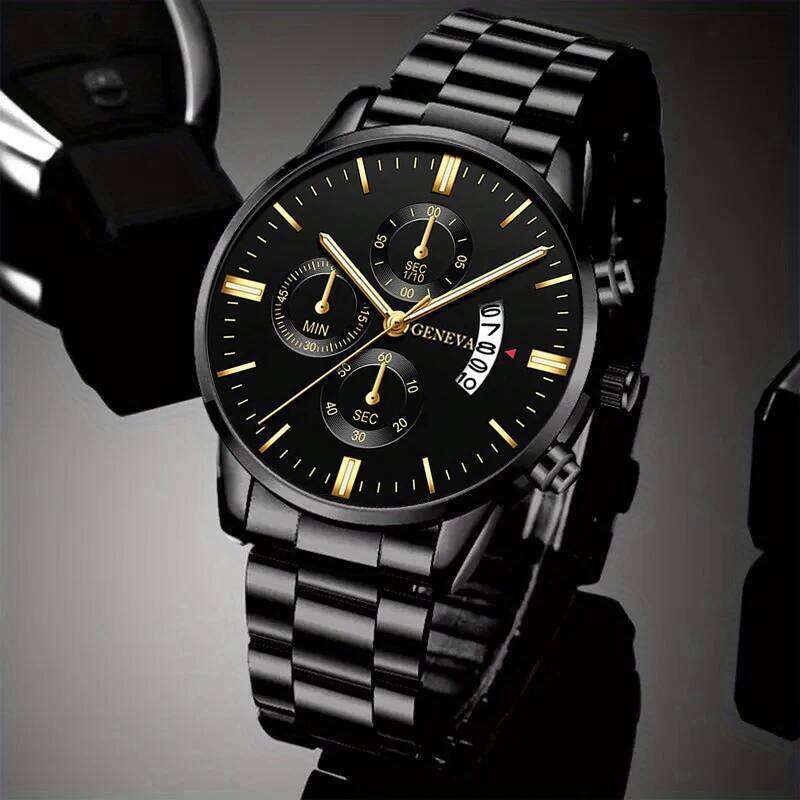 2pcs Fashion Men's Casual Business Sports Stainless Steel Quartz Wristwatch Calendar Male Classic Bracelet Set Luminous Clock
