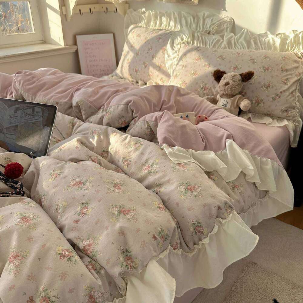 Korean Princess Style Floral Ruffles Bedding Set Washed Cotton Duvet Cover Bed Sheet Pillowcases Single Full Queen Size 3/4Pcs H260312