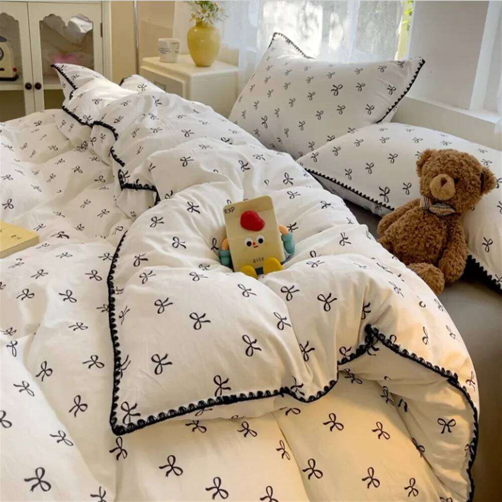 Sausa Dog Heart Cherry Quilt Double layer Yarn Four Pink Washed Cotton Bed Single Dormitory Simple Three piece Set H260312
