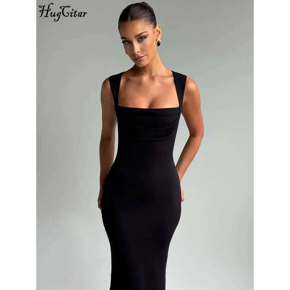 Hugcitar Elegant Solid Square Collar Straps Sexy Bodycon Maxi Prom Dress Summer Women Y2K Clothes Evening Party Birthday C260312