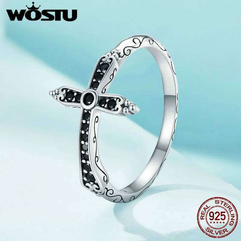WOSTU Vintage 925 Sterling Silver Black Zircon Cross Rings For Women Retro Punk stackable Ring Hip Hop Jewelry Gift CQR930 H260312