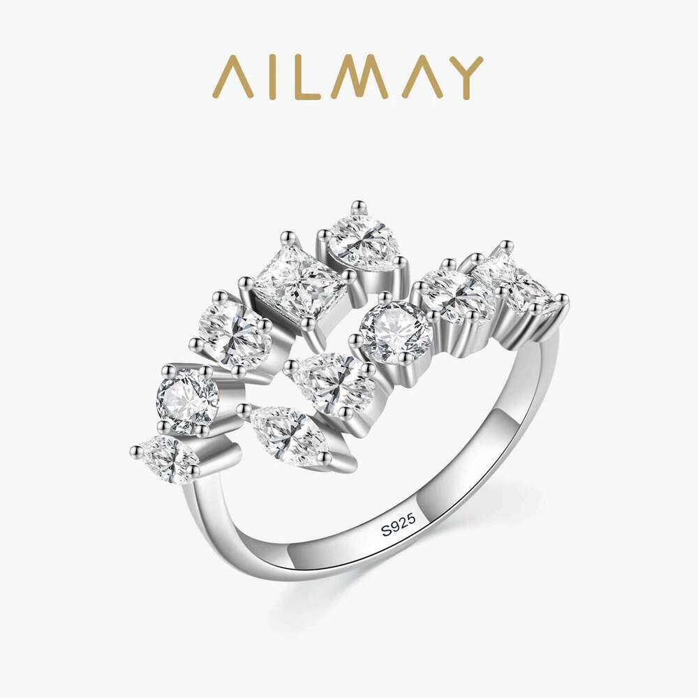 Ailmay Fashion 925 Sterling Silver Dazzling Geometric Clear Zircon Adjustable Rings For Women Classic Luxury Wedding Jewelry H260312
