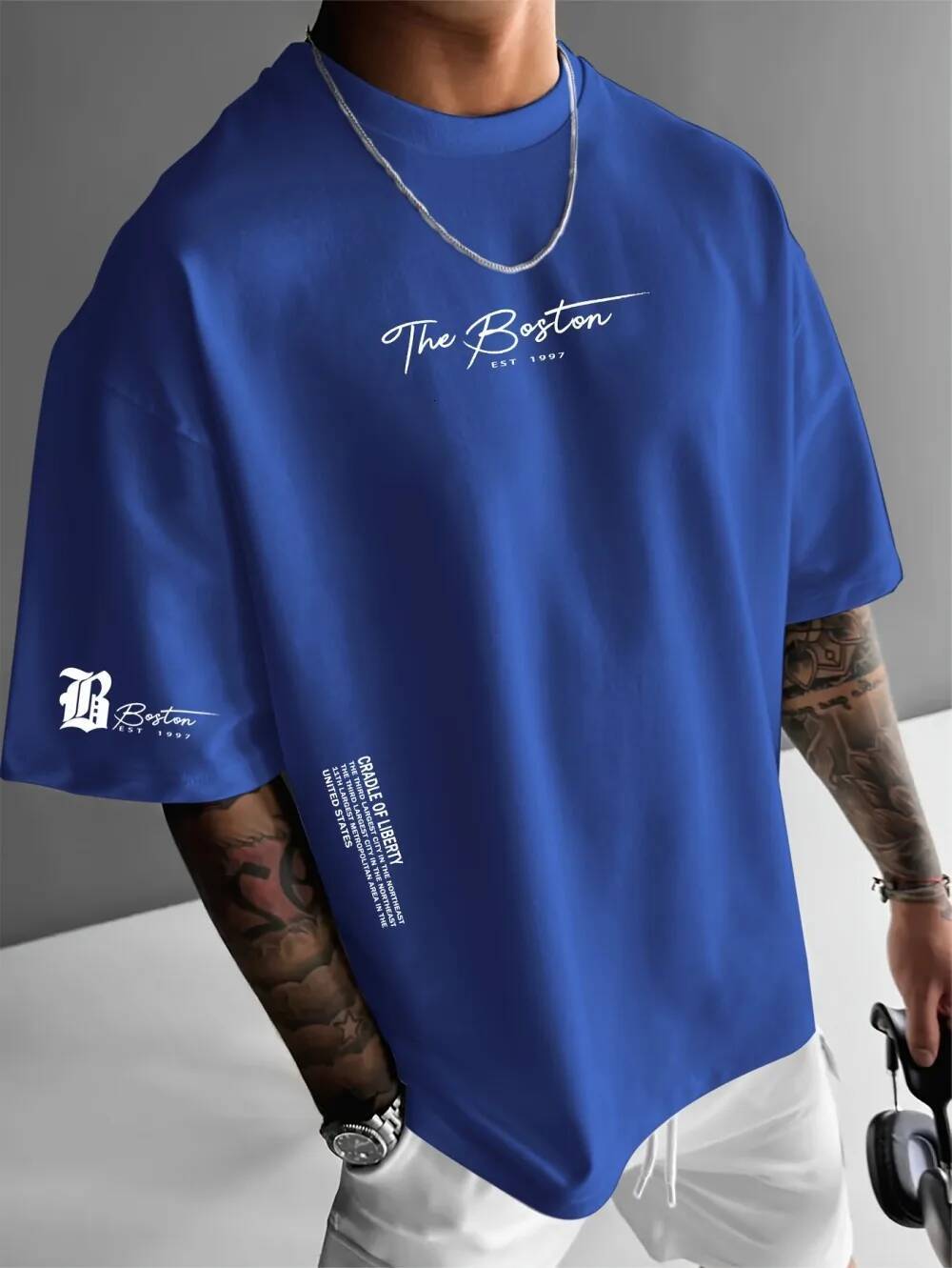 Summer new men's casual loose short sleeved round neck T-shirt Boston 1997 printed pattern outdoor fitness polyester fiber top ddmythur