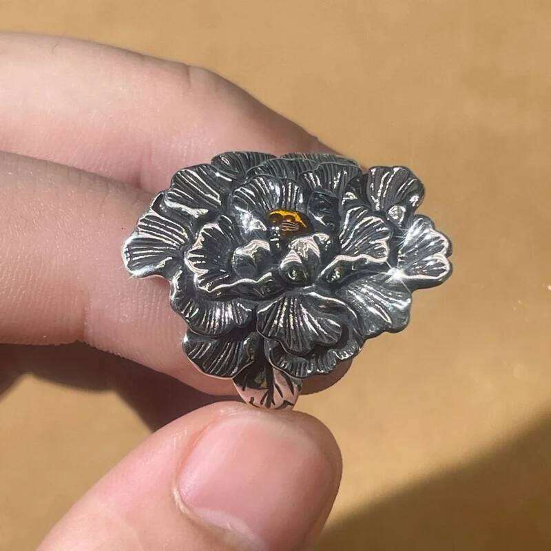 Buyee 925 Sterling Silver Big Finger Excellent Peony Flower Open Ring for Woman Fashion Exaggeration Fine Jewelry Circle H260312