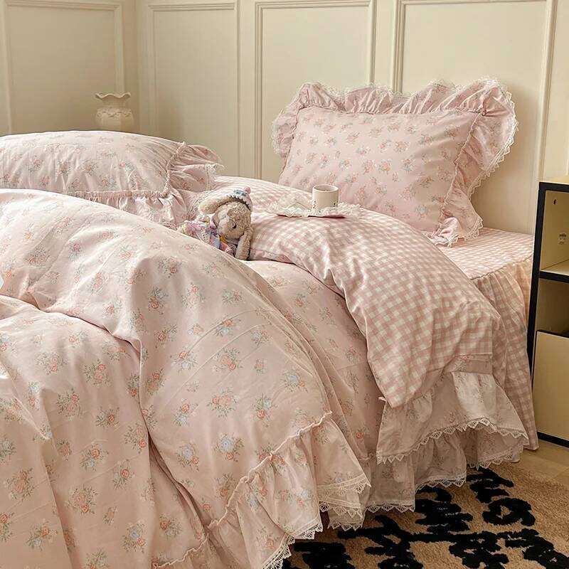 Korean Princess Style Ruffles Flower Print Bedding Duvet Cover Set Bed Skirt Bedspread Pillowcases 100% Cotton Home Textile H260312
