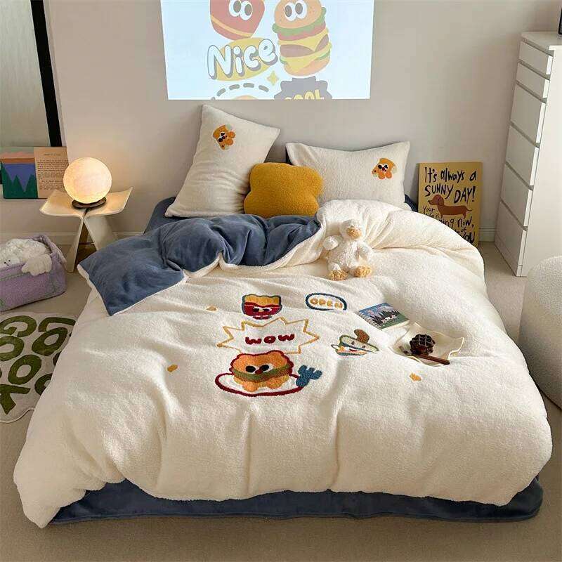 Winter Cartoon Cute Thick Four Piece Set Velvet Bedding Soft Plush Warmth For Duvet Cover Bed Sheet Bedroom H260312