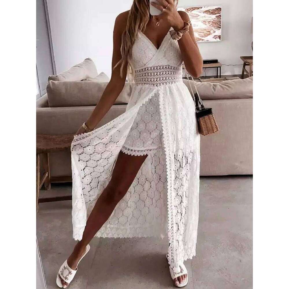 Summer White for Women 2025 Lace Hem Bohemia Short Sleeve High Waist V-Neck Long Casual Ruffle Dress C260312