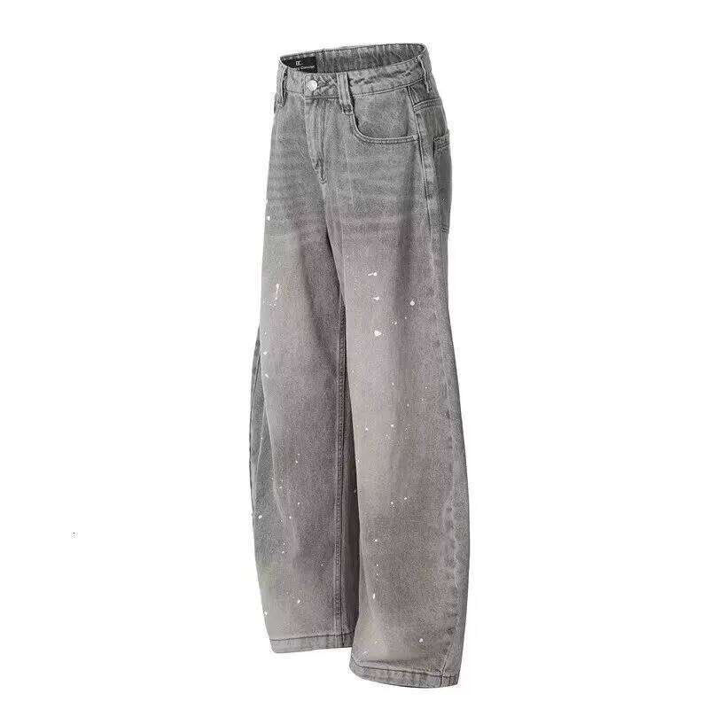 Spring Autumn Retro Washed Vintage Grey Splash Ink Curved Knife Jeans for Men and Women Trendy Brand American Street Loose P 26Y0312
