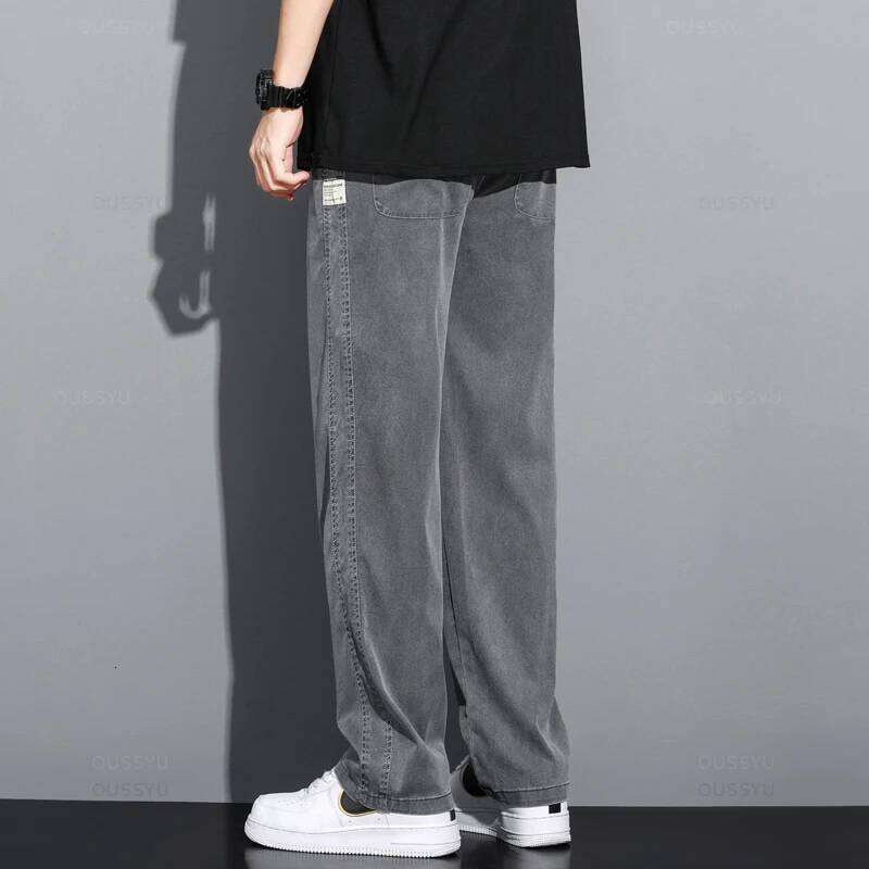 Summer Soft Lyocell Fabric Men's Jeans Thin Loose Straight Pants Drawstring Elastic Waist Korea Casual Trousers Plus Size M-5XL 26Y0312