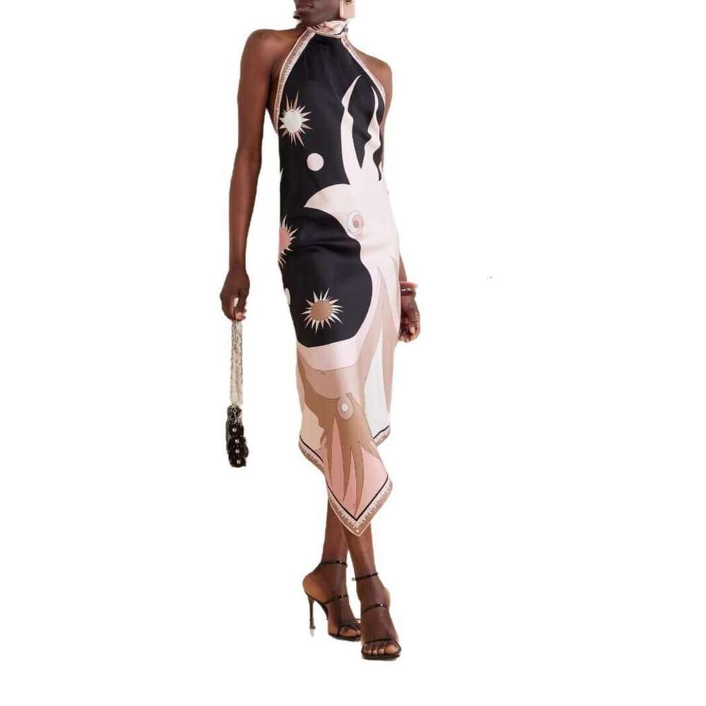 2025 New Summer European and American Sexy Halter Backless Printed Satin Vacation Beach Dress for Women