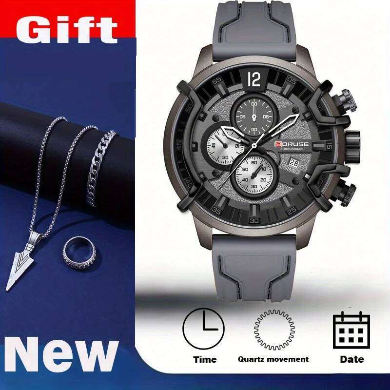 4 PCS SET BORUSE Fashion & Triangle Spearhead Necklace Set, Mens Quartz Waterproof Watches