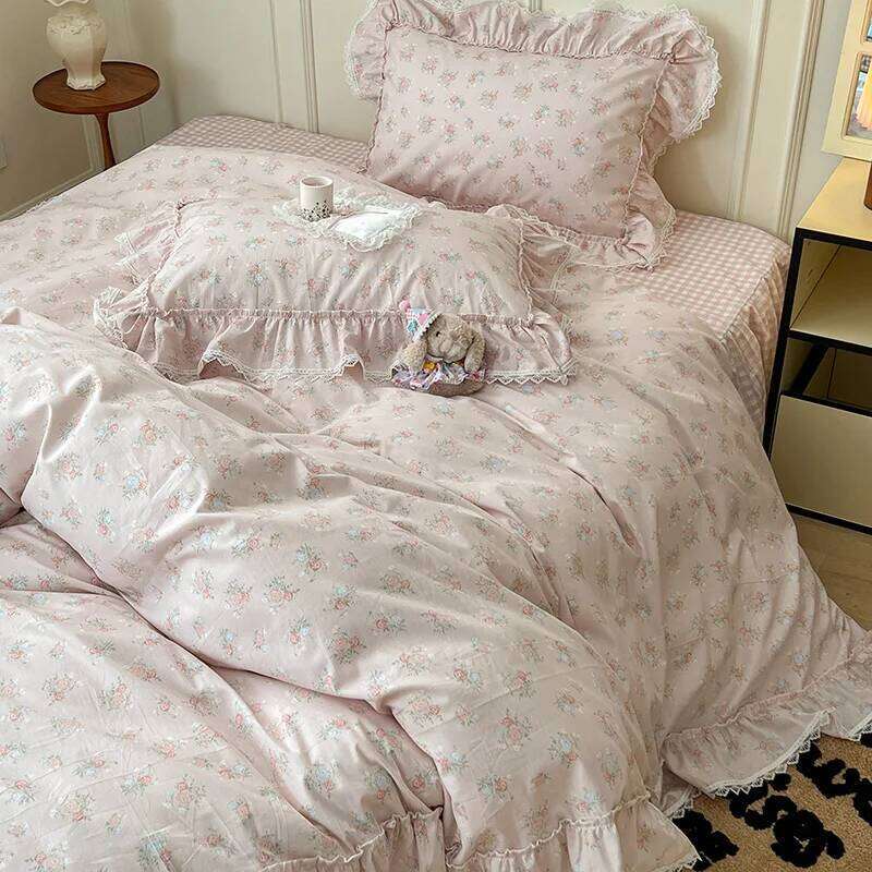 Korean Princess Style Ruffles Flower Print Bedding Duvet Cover Set Bed Skirt Bedspread Pillowcases 100% Cotton Home Textile H260312