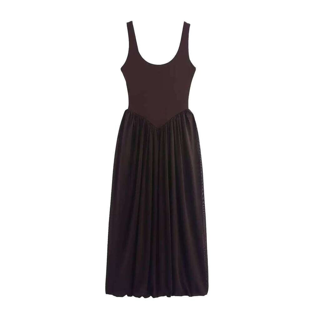 2025 Summer New Women's Wear Slim Fit Temperament Elegant Tulle Splicing Solid Color Suspender Dress C260311