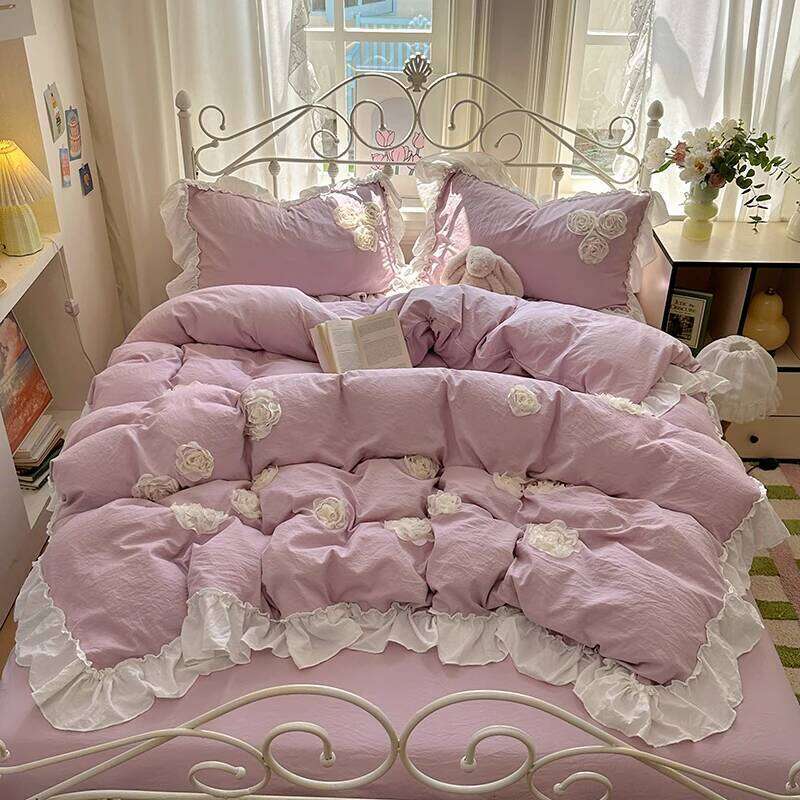 3/4Pcs Korean Style Princess Lace Ruffles Skin-friendly Soft Flowers Embroidery Bedding Set Duvet Cover Bed Sheet Pillowcases H260312