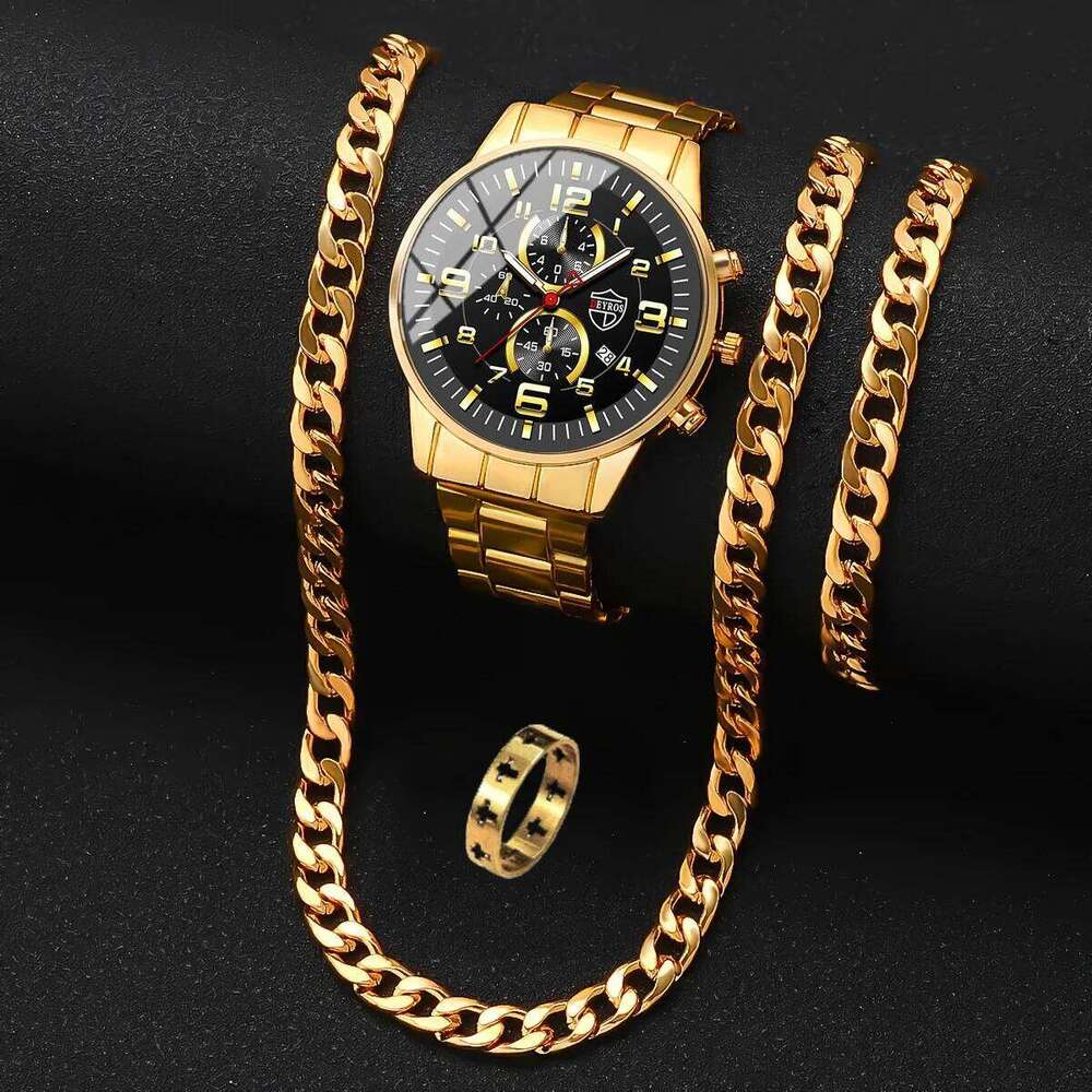 Men's Fashion 4pcs/set Quartz Watch with Date Function, Cuban Necklace, Ring and Bracelet, Thanksgiving Ideal Gifts for Men