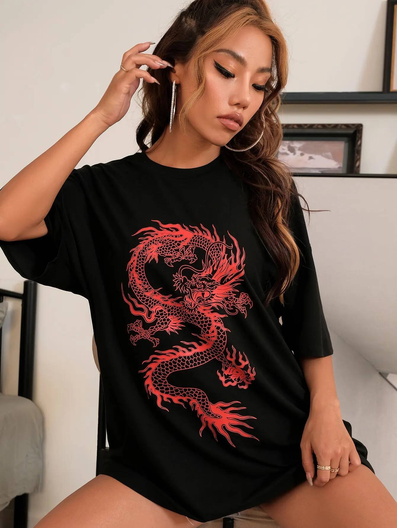 Chinese Red Dragon Pattern Printed T-Shirts Women Fashion Street Short Sleeve Summer Oversize 100% Cotton T Shirt Loose Tees Top ddmythur