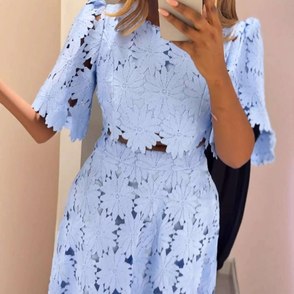 2026 New Summer Hollowed-out Lace Skirt Two-piece Set Elegance Pullover Short Top+Long Skirt Fashion Casual Suit Women's Dresses