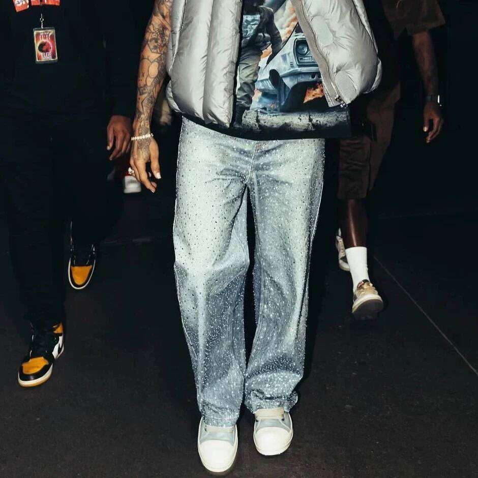 Full Rhinestone Print Washed Blue Baggy Jeans Mens and Women Ropa Hombre Streetwear Solid Casual Denim Trousers Loose Cargos 26Y0312