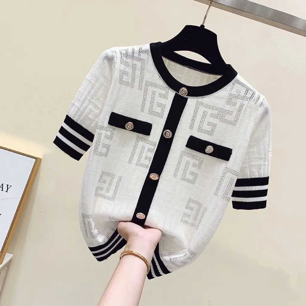 Luxury High-end Shiny Diamond Ice Silk T-shirt Thin Tops Button Summer Knit Tees Short Sleeve Striped Womens Clothing OuterwearT260312