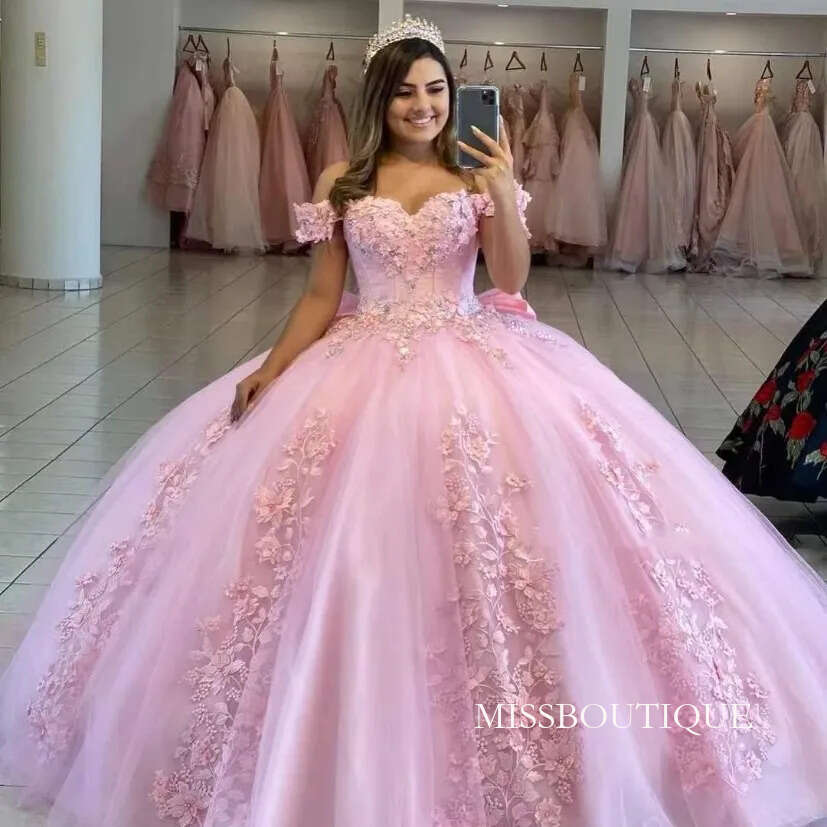 Pink Quinceanera Dresses Ball Gown Off Shoulder 3D Rose Flowers Puffy Sweet 16 Dress Celebrity Party Gowns Graduation N14 B0312