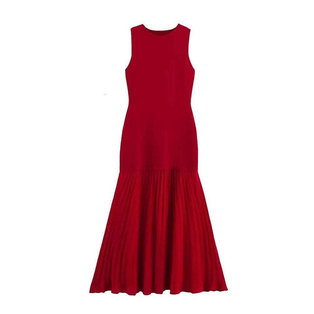 Spring Summer New Women's Dress Pleated Patchwork Simple Temperament Knitted Sleeveless Long Dresses for Women 2025 C260312