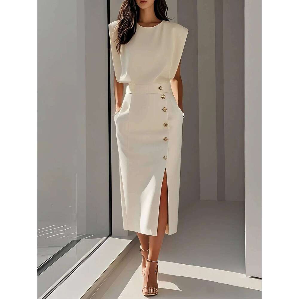 Fashion Women's Tank Elegant Single Breasted Solid Casual Trend Pockets Straight Midi Dress for Women 2025 C260312