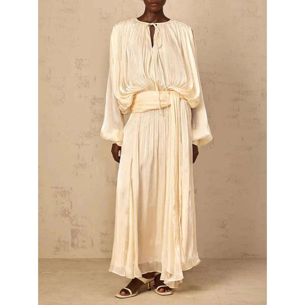 TWOTWINSTYLE Solid Loose Spliced Folds Elegant Dresses for Women Round Neck Long Sleeves Patchwork Lace Up Dress Female Fashion C260311