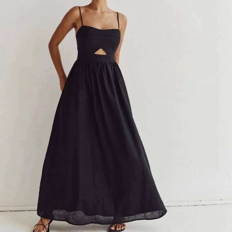 Loose Sexy Elegant Solid Color Summer Sleeveless Spaghetti Strap Hollow Out Ankle Length Dress Pockets Side Slit Women's clo C260311