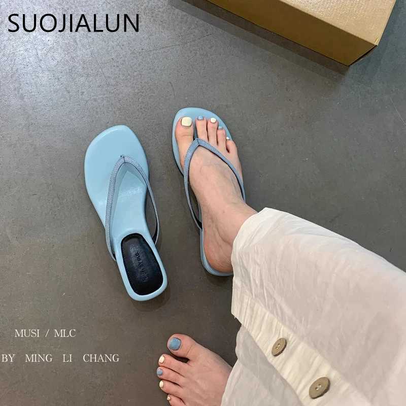 SUOJIALUN 2025 Summer New Women Slipper Fashion Narrow Band Ladies Elegant Outdoor Dress Slides Low Wedge Heel Flip Flops K260312