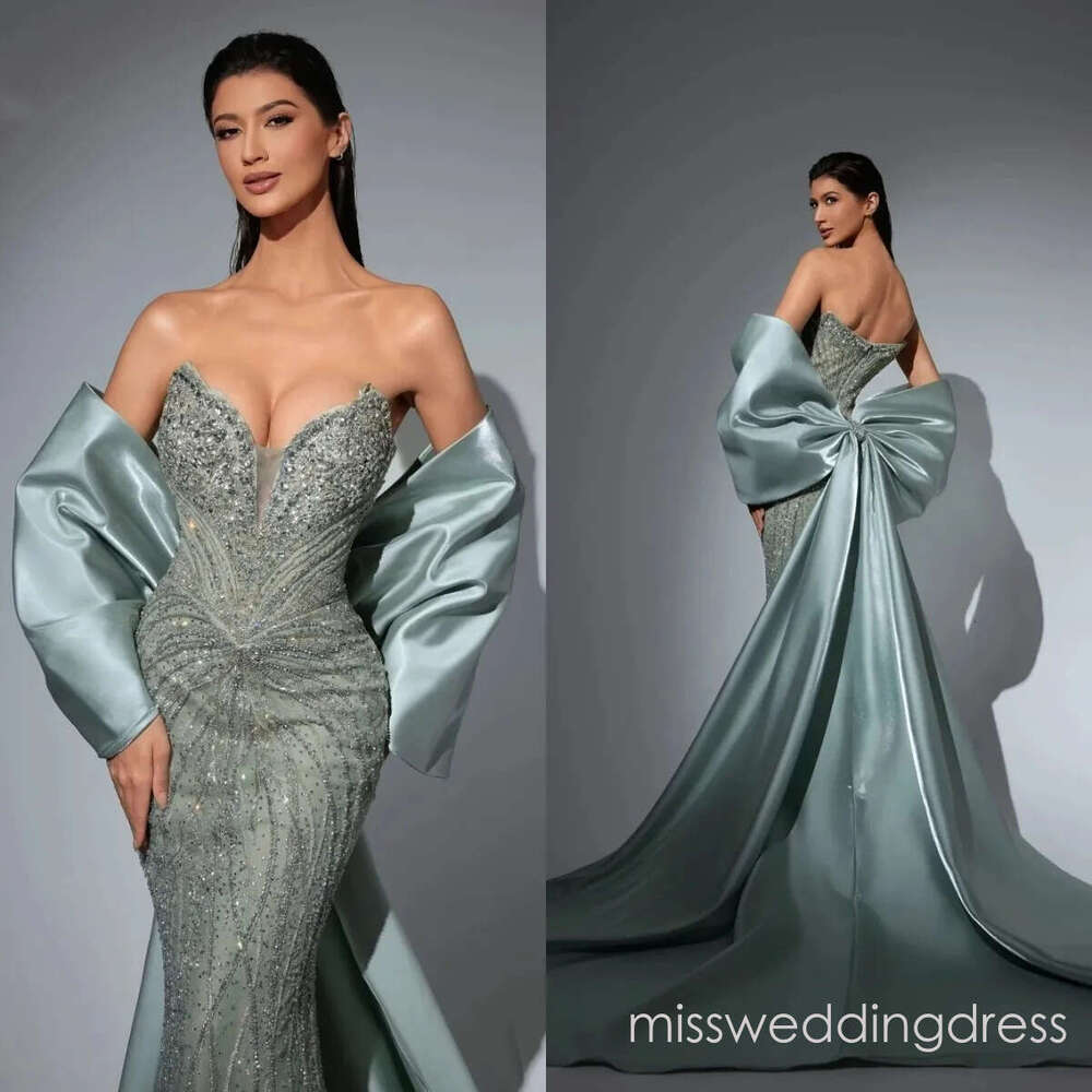 Gorgeous Sequin Beading Evening Dresses Strapless Prom Gown Detachable Train Mermaid Backless Princess Customized Vestidos De Noche Plus Size