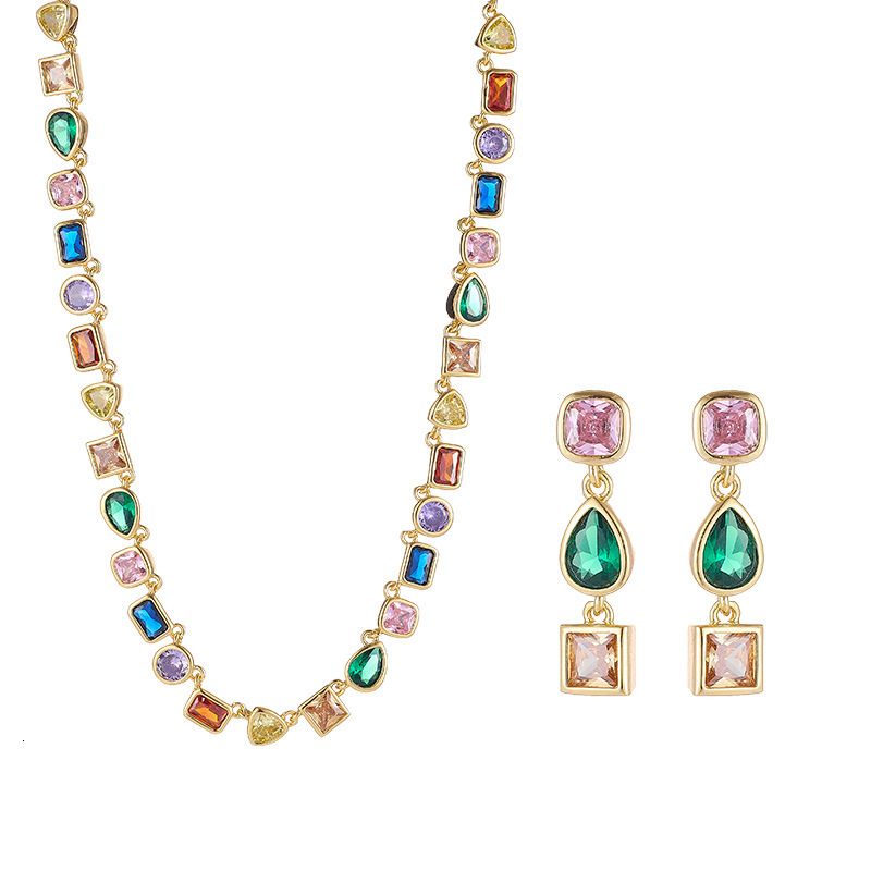 Designer Luxury Colorfuly Gemstones Earrings And Necklace For Women Ins Style Sparkly Cubic Zircon Irregular Geometric Cz Stones Wedding Hip Hop Jewel