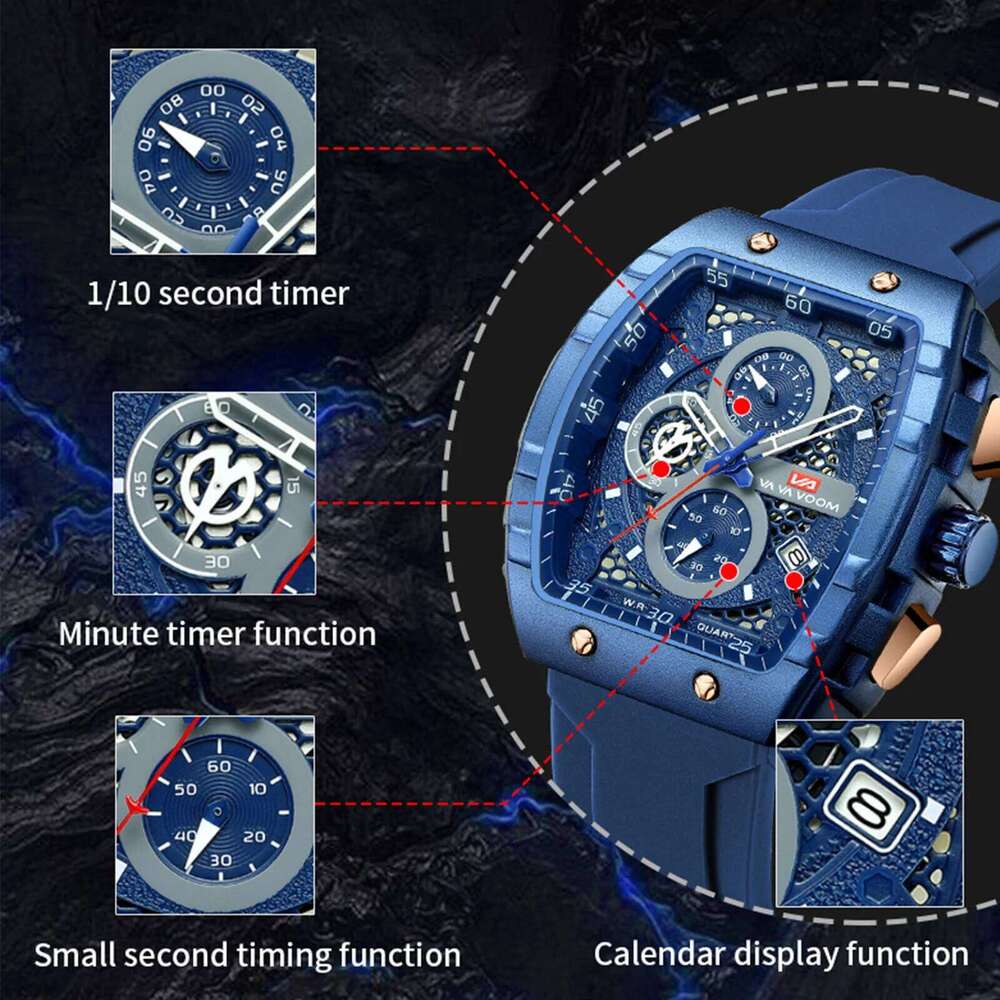 VA VOOM Brand Multifunctional Fashion Silicone Timing Clock Waterproof Sports Military Quartz Men Watch