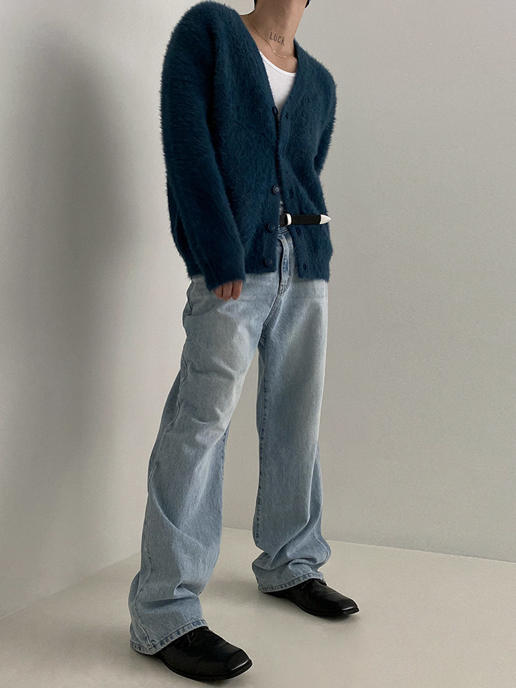 MRCYC Mink Wool Vneck Knitted Cardigan Jacket for Men Autumn Korean Style Casual Loose Fit Versatile Sweater for Outdoor Wear 240918