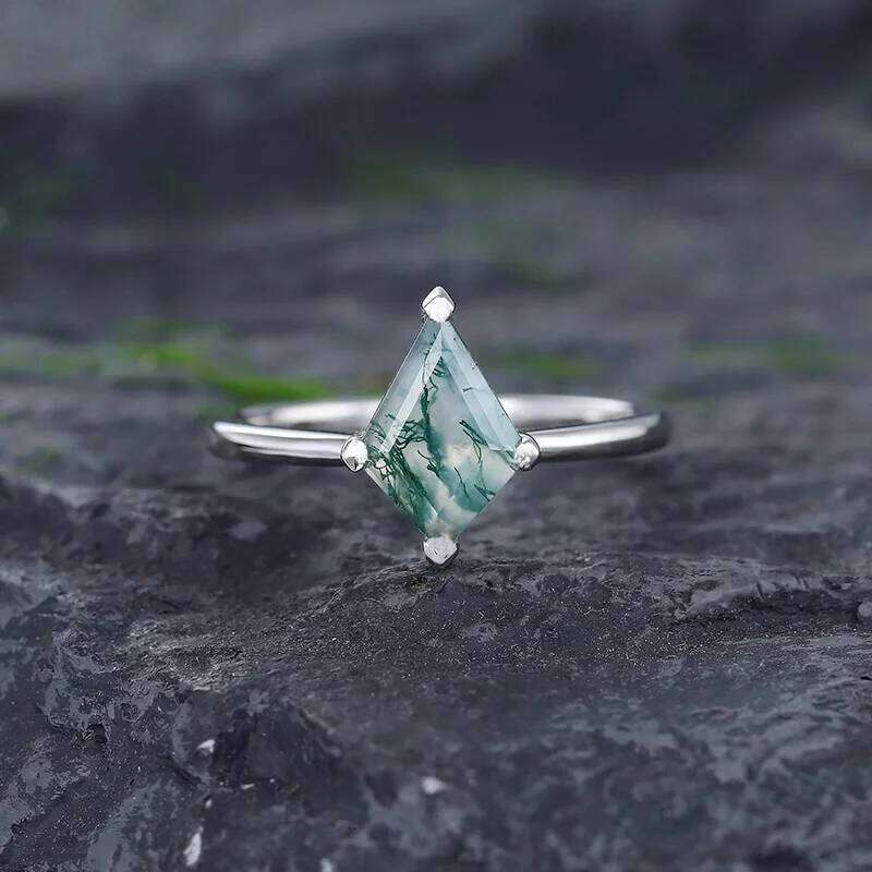 925 Sterling Silver Kite Shaped Moss Agate Engagement Ring Vintage Solitaire Rings for Women Unique Wedding Bridal Promise Gifts H260312