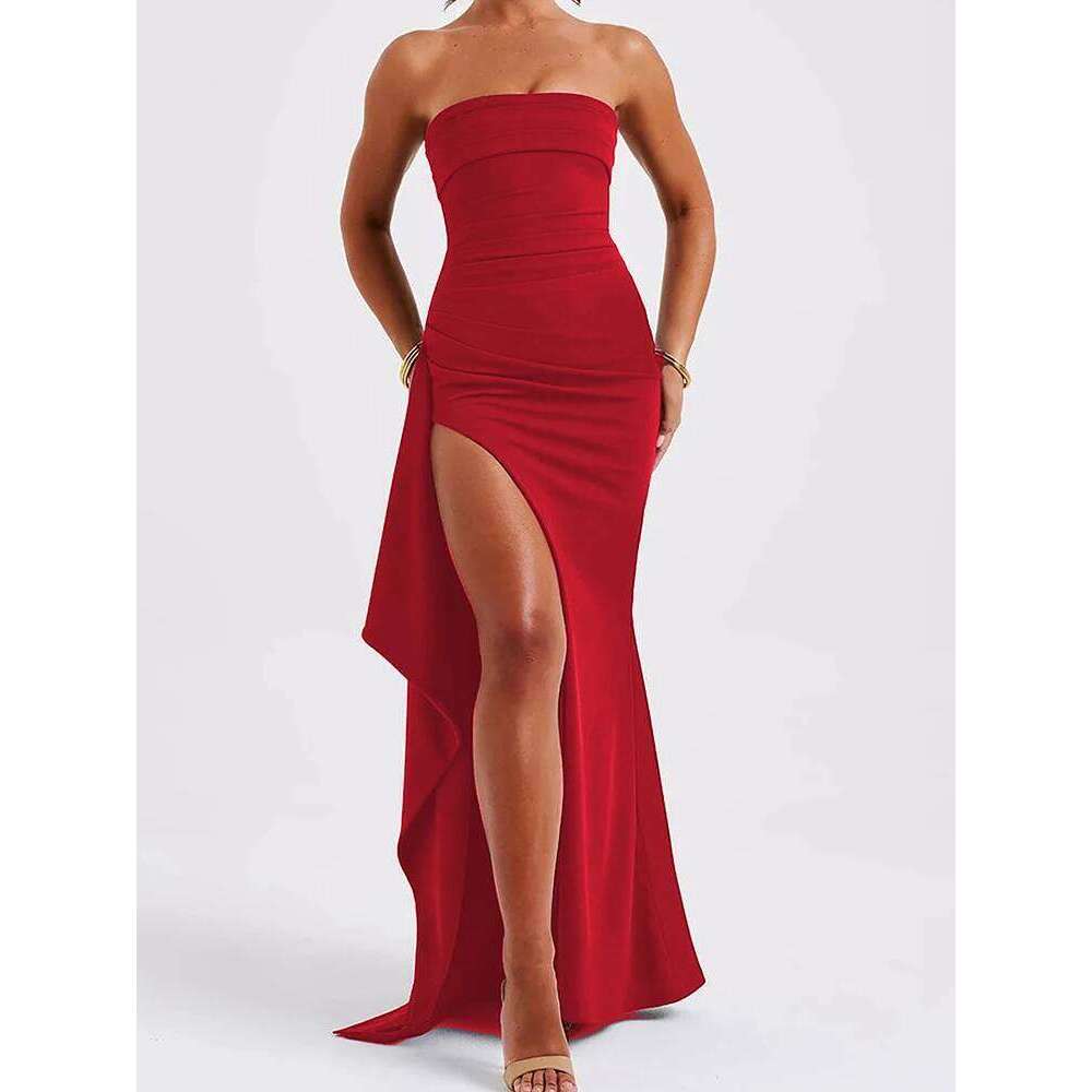 Sexy Strapless Backless High Split Maxi For Women Black Off-shoulder Sleeveless Bodycon Club Party Long Dress Clothes C260312