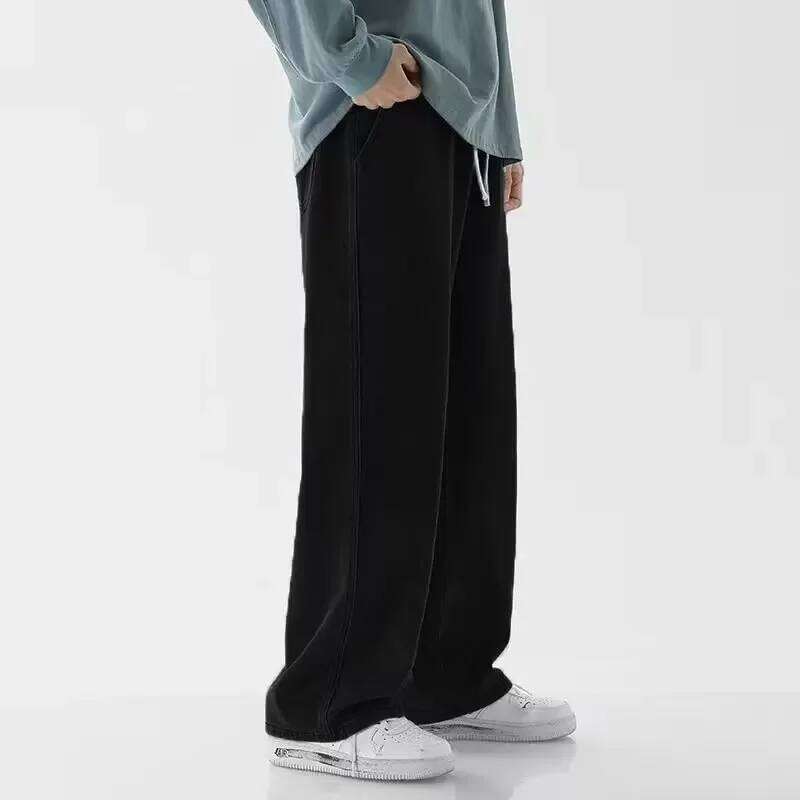 Light Wash Men's Drawstring Jeans Loose Straight Floor-Length Trendy Casual Wide Leg Long Trousers Comfortable Fit 26Y0312