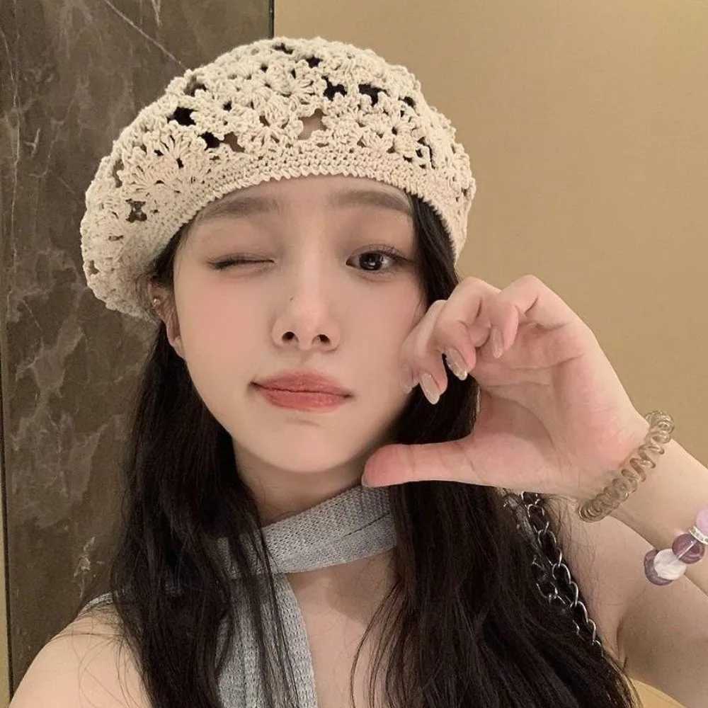 Brimless Breathable Flower Hat Japanese Style Thin Hollowed Out Beret All-match Headgear Crochet Knitted Cap Women H260312 - view 4
