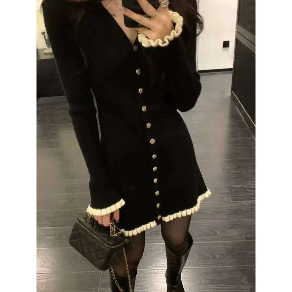 Women Knit Mini Dress Black Polo V Neck Button Cream Ruffle Long Sleeve Elegant Slim Fit 2026 Lady Spring Robe Daily Commute C260312