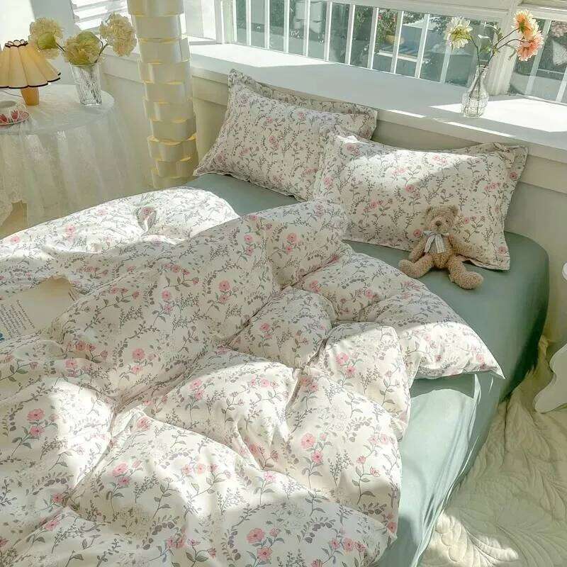 Romantic Elegant Bedding Set Soft Chic Floral Blossom Print Duvet Cover Skin Friendly Bed Sheet Pillowcases 4Pcs Twin Queen King H260312