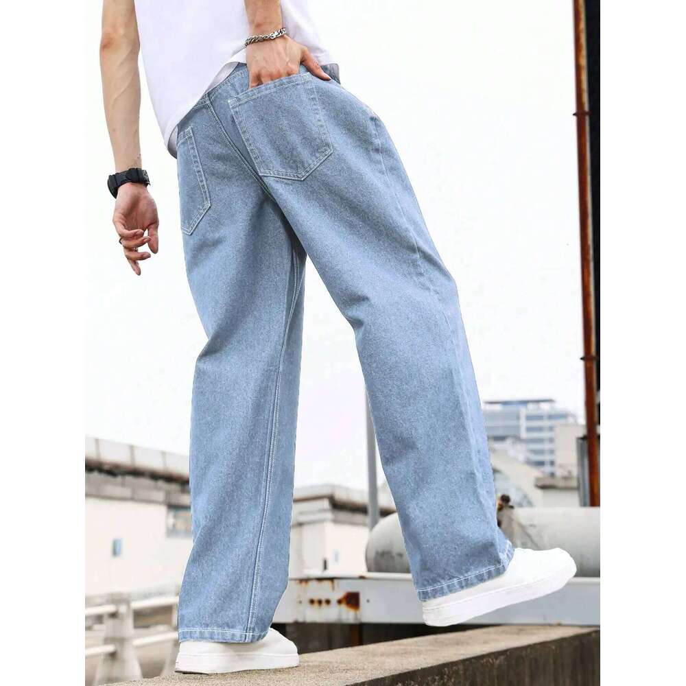 Men's Light Blue Washed Wide-Leg Jeans, Loose Straight Fit, Trendy Casual Style for All Seasons